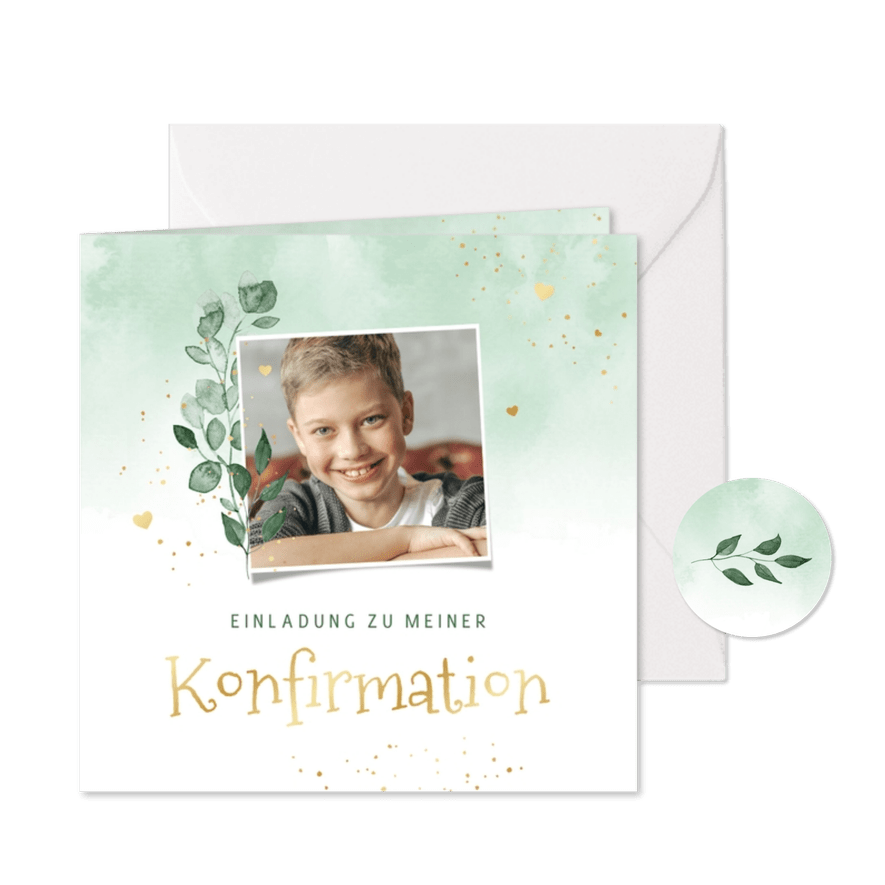 Einladung Konfirmation Foto, Aquarell & Gold - Karteneindruck
