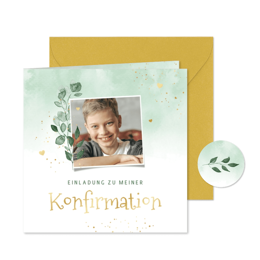 Einladung Konfirmation Foto, Aquarell & Gold - Kartenvorschau