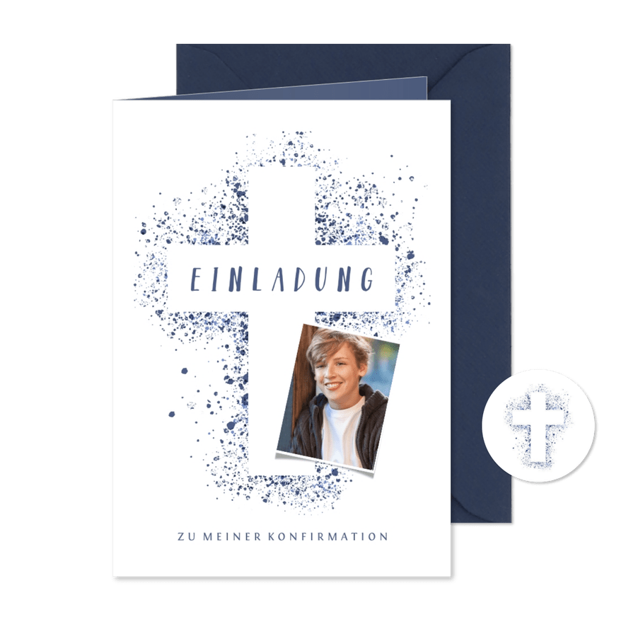Einladung Konfirmation Foto Kreuz blaue Farbe - Karteneindruck
