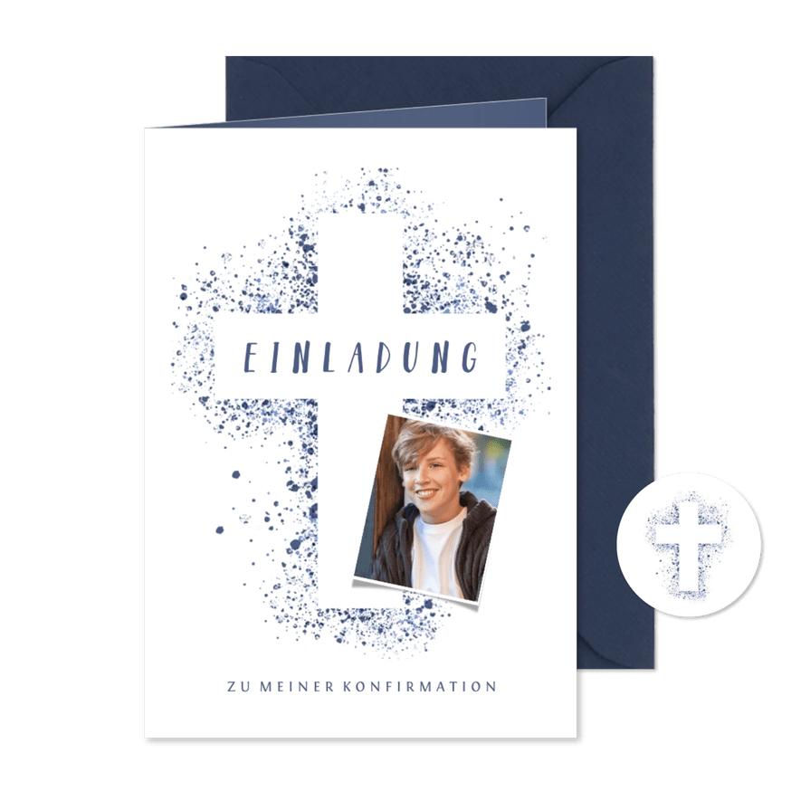 Einladung Konfirmation Foto Kreuz blaue Farbe - Karteneindruck
