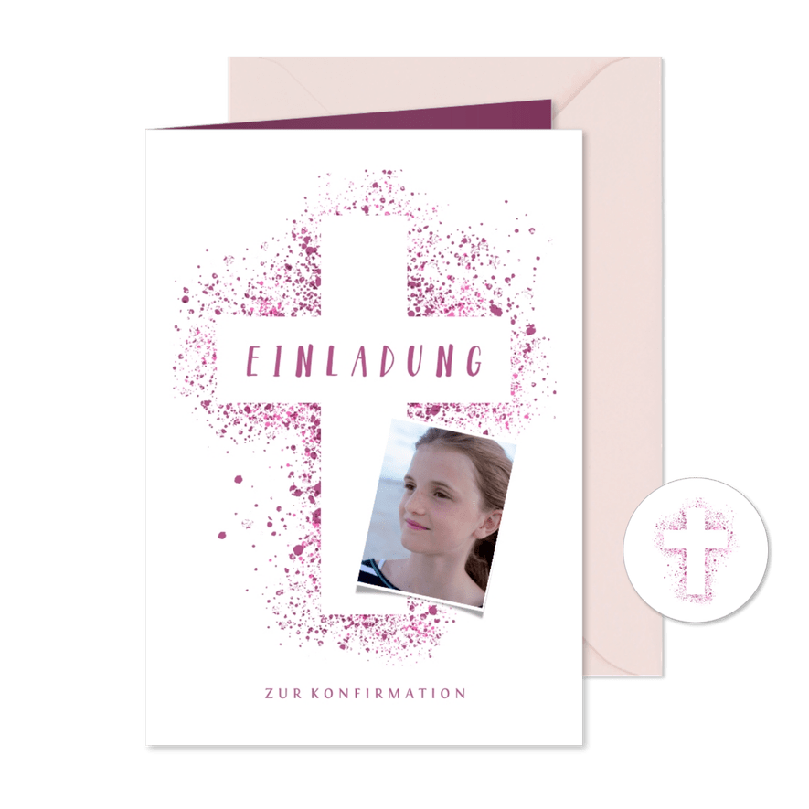 Einladung Konfirmation Foto Kreuz pink Farbe - Karteneindruck