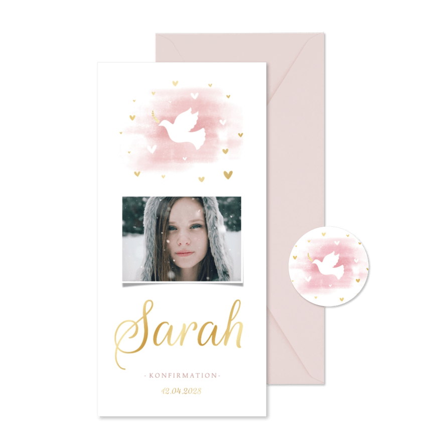 Einladung Konfirmation Foto, Taube und Herzen - Karteneindruck
