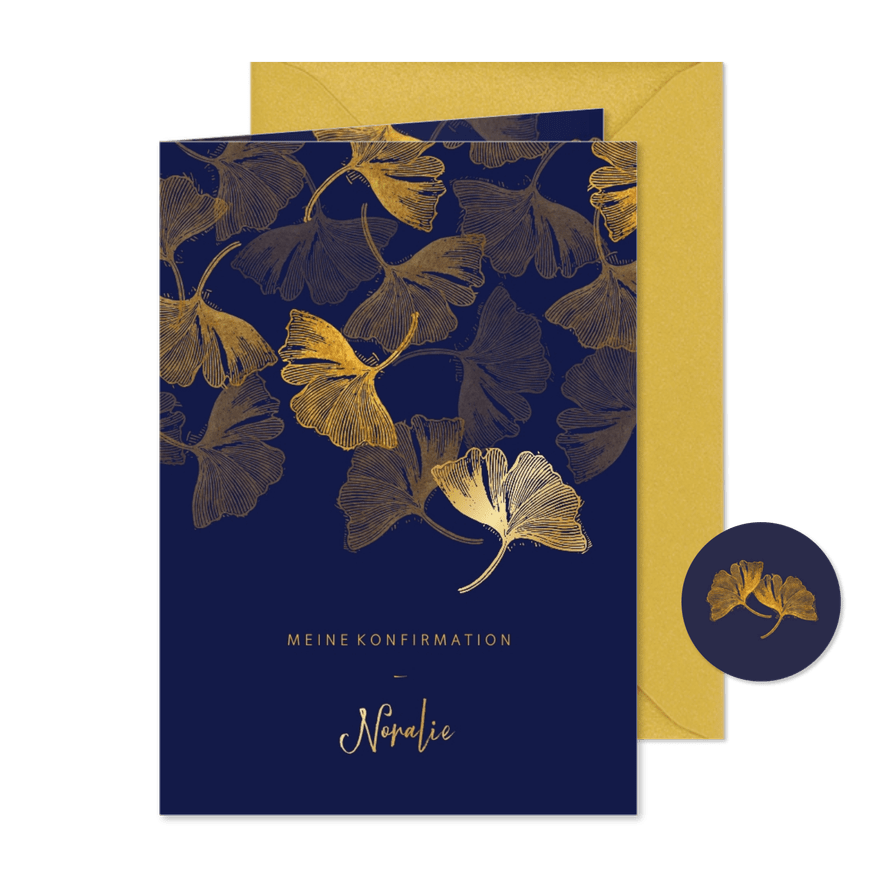 Einladung Konfirmation Ginkgoblätter Stempel Foto innen - Karteneindruck
