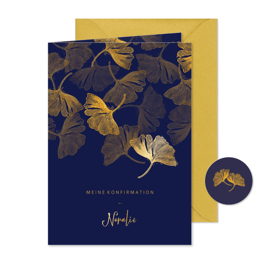 Einladung Konfirmation Ginkgoblätter Stempel Foto innen - Karteneindruck