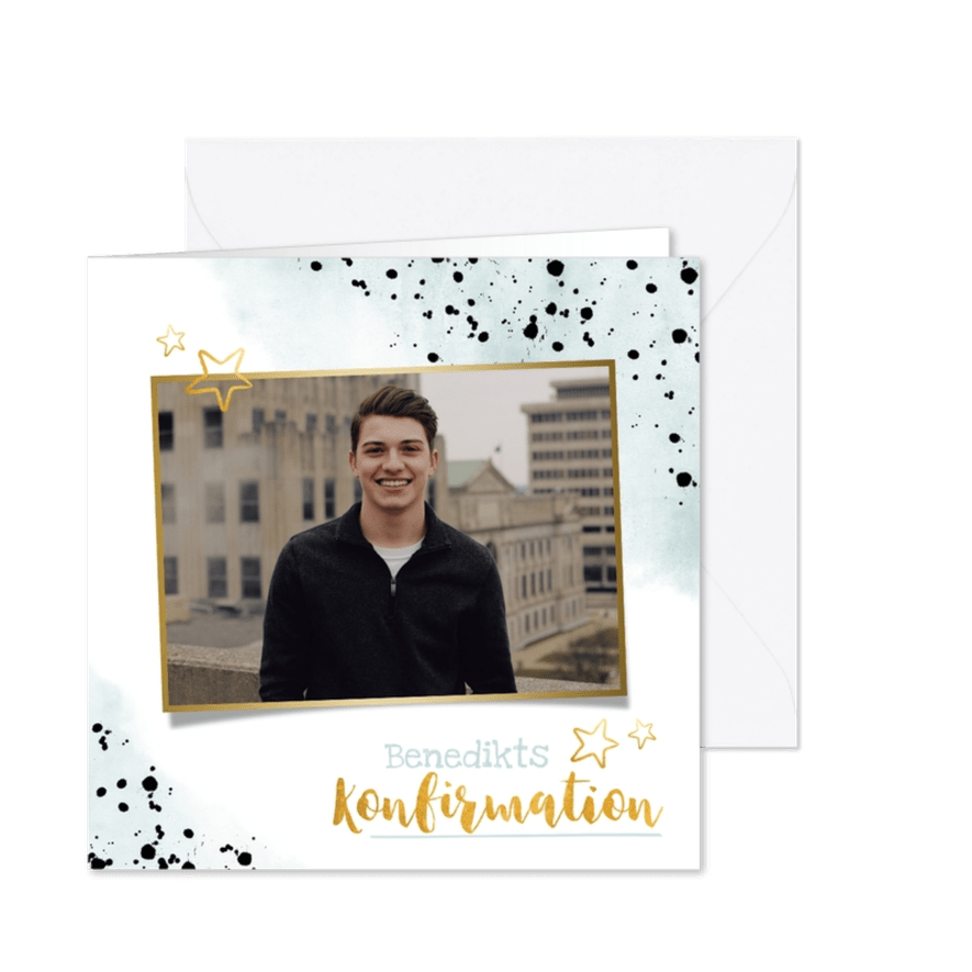 Einladung Konfirmation im Aquarelllook mit Foto und Sternen - Kartenvorschau
