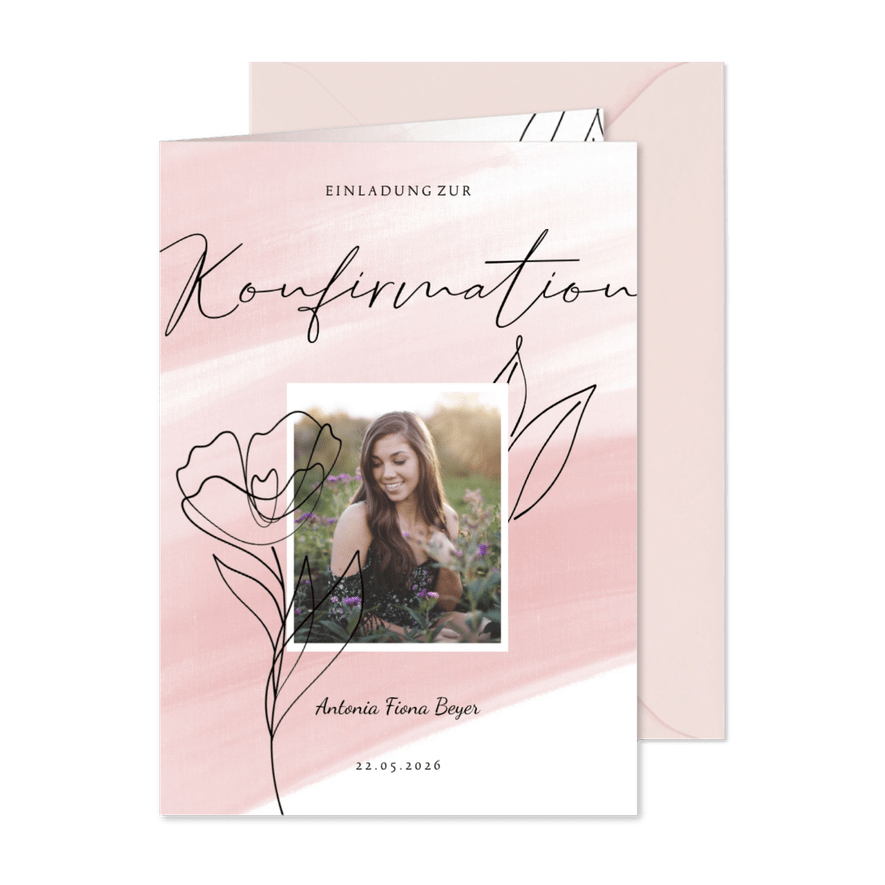 Einladung Konfirmation Linienzeichnung & Foto - Karteneindruck