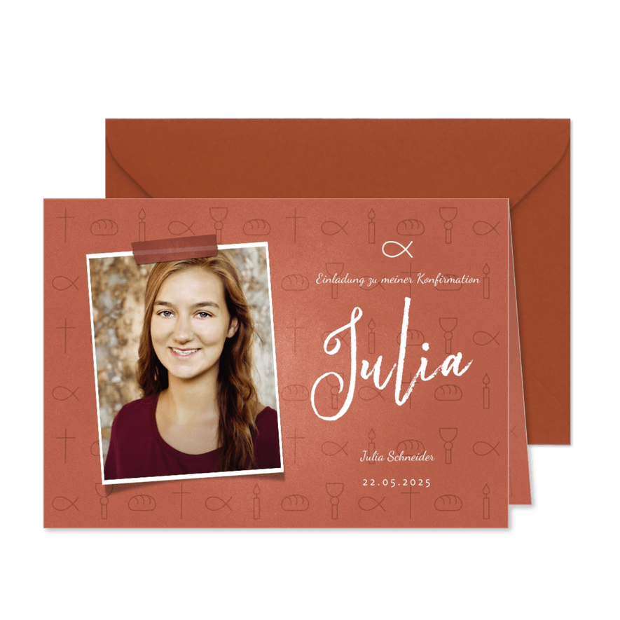 Einladung Konfirmation rostrot Foto & kleine Symbole - Karteneindruck
