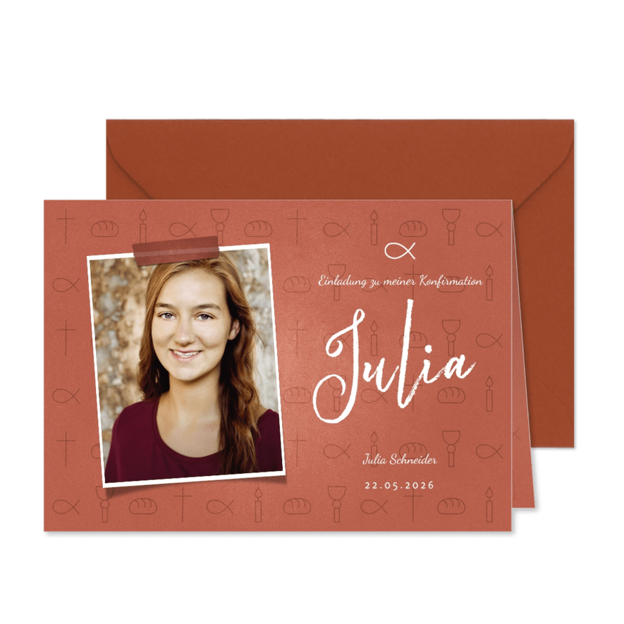 Einladung Konfirmation rostrot Foto & kleine Symbole - Karteneindruck
