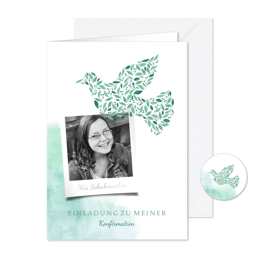 Einladung Konfirmation Taube botanisch & Foto - Karteneindruck