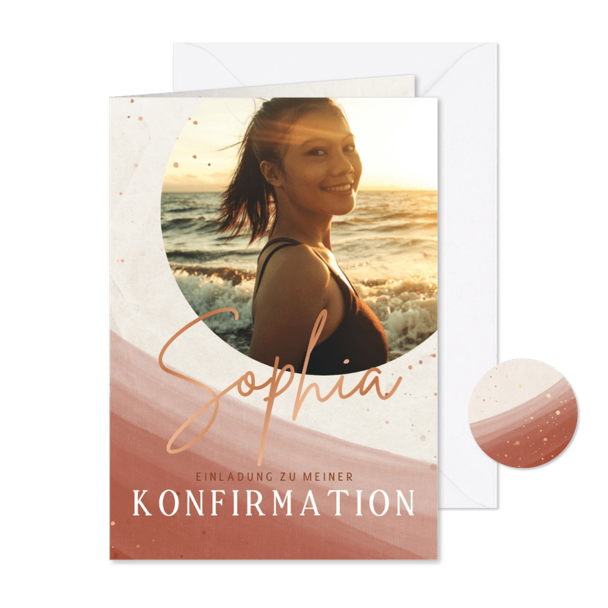 Einladung Konfirmations Wasserfarbe, Foto & Kupfer-Sprenkel - Karteneindruck