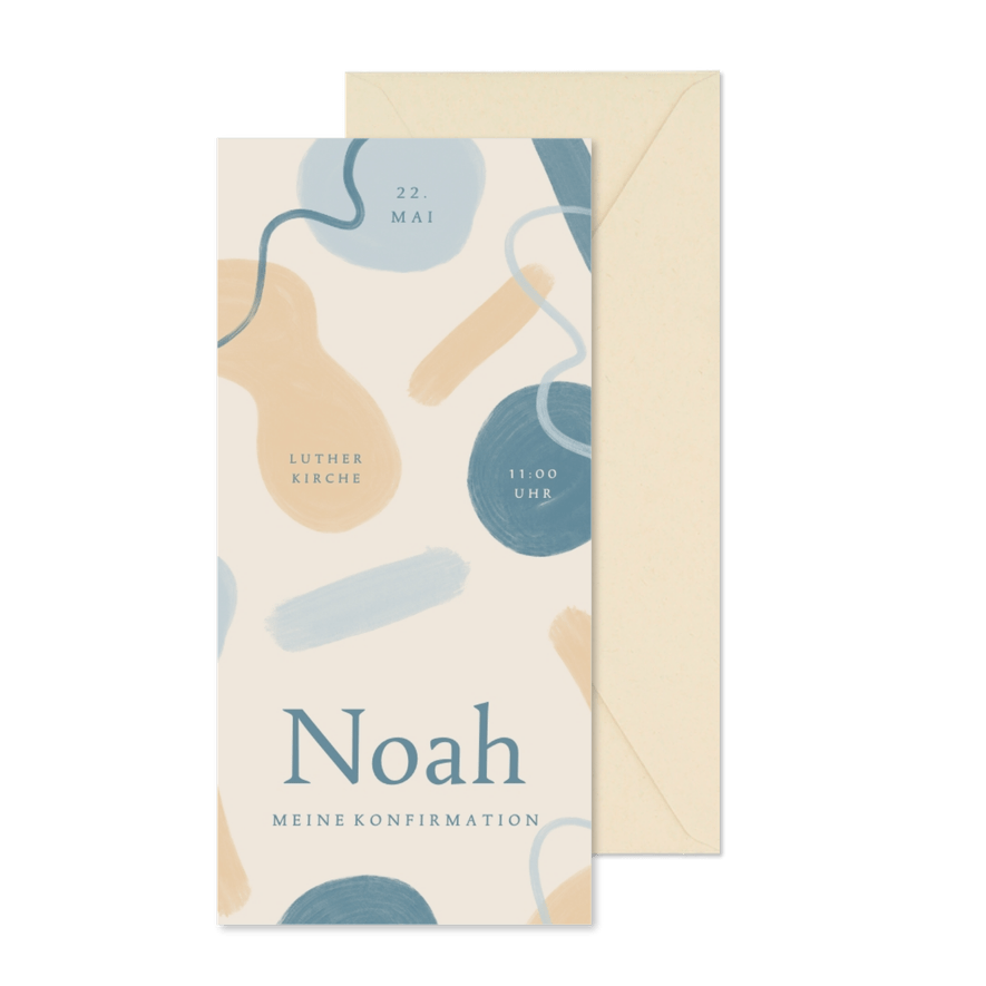Einladung Konfirmationsfeier blaue abstrakte Farbelemente - Karteneindruck
