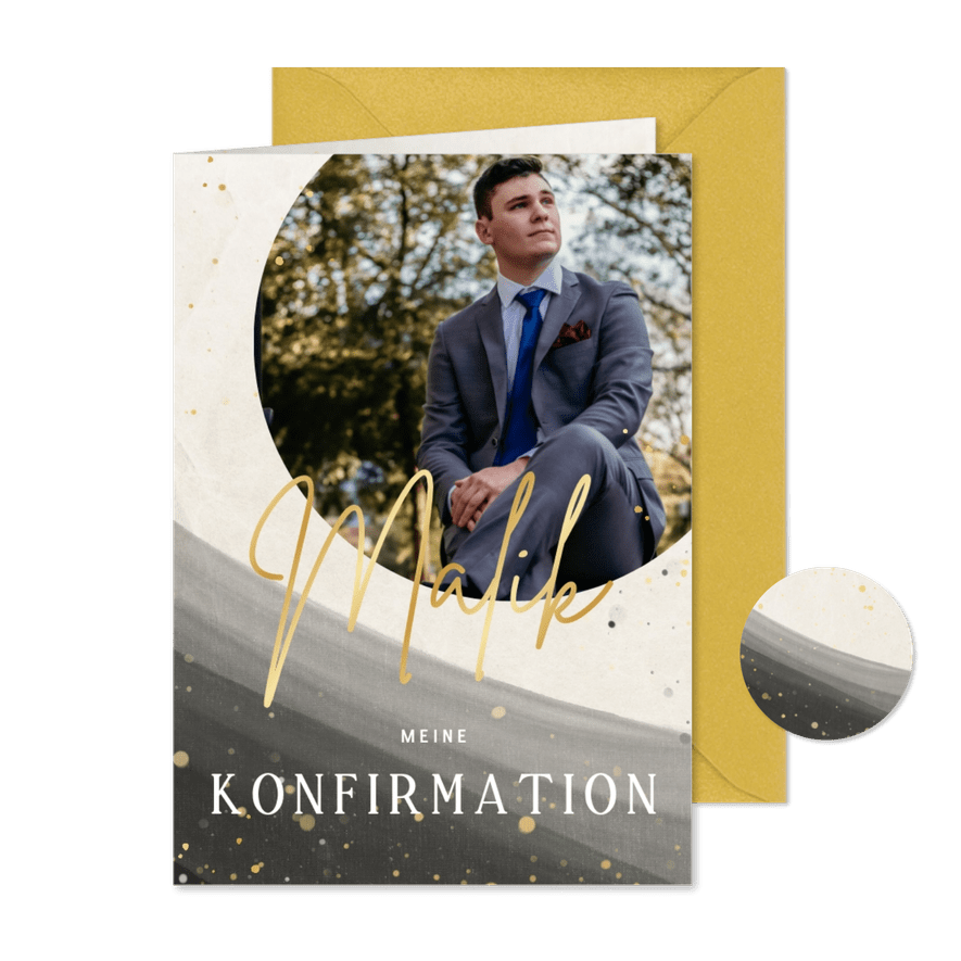 Einladung Konfirmationsfeier Gold-Sprenkel & Wasserfarbe - Karteneindruck
