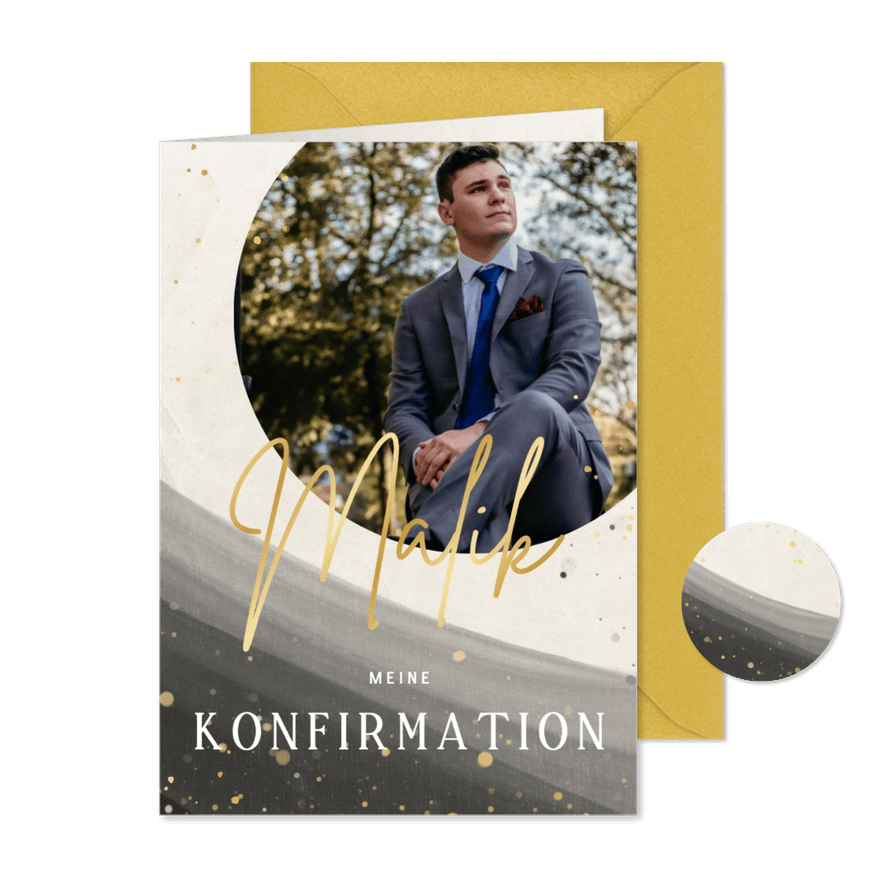 Einladung Konfirmationsfeier Gold-Sprenkel & Wasserfarbe - Karteneindruck