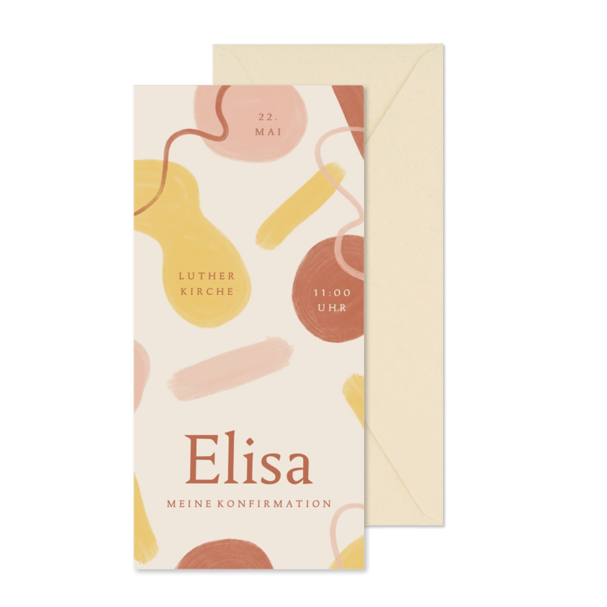 Einladung Konfirmationsfeier rötlich abstrakte Farbelemente - Karteneindruck