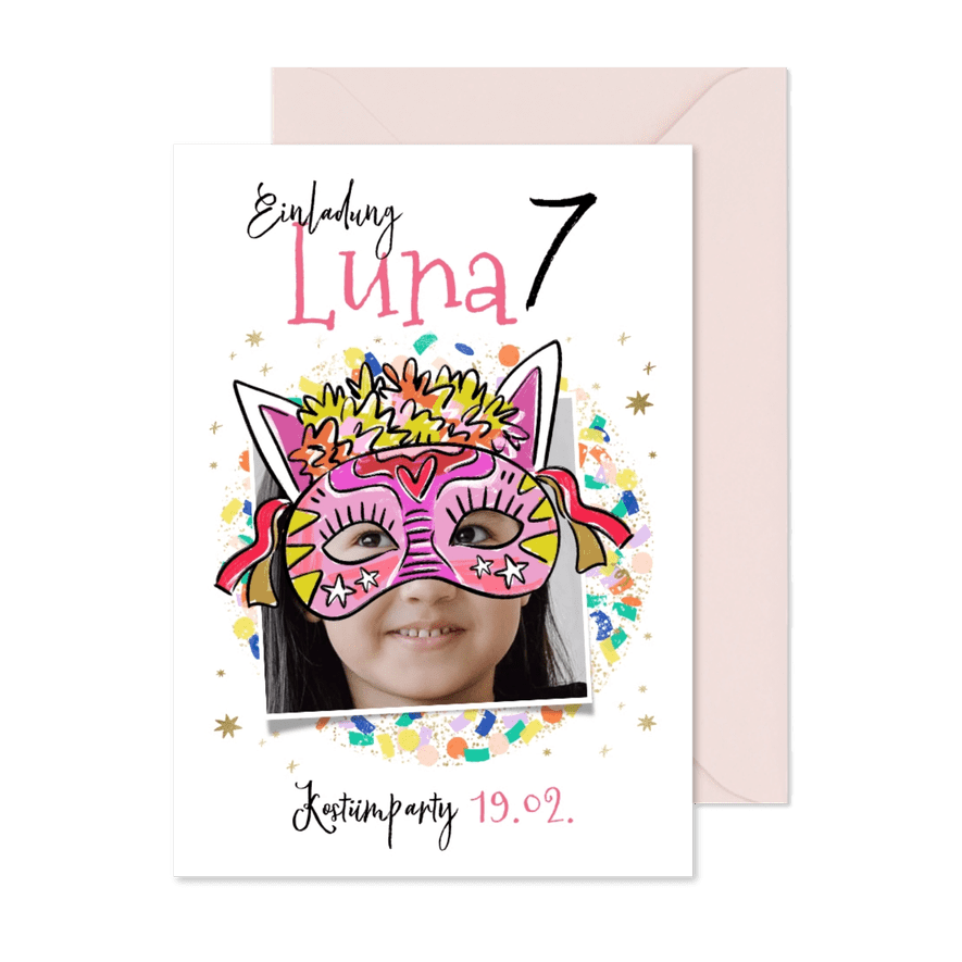 Einladung Kostümparty 7. Kindergeburtstag - Karteneindruck

