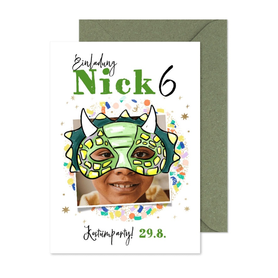 Einladung Kostümparty Dino 6. Kindergeburtstag - Karteneindruck