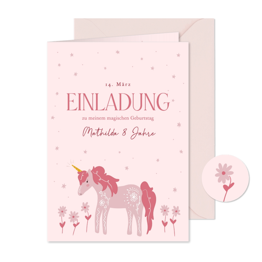 Einladung 'Magischer Geburtstag' Einhorn in Rosa 8 Jahre - Karteneindruck
