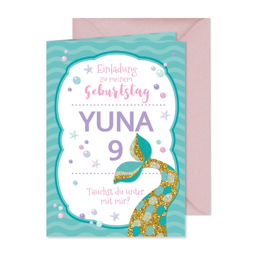 Einladung Meerjungfraukarte 9. Kindergeburtstag  - Karteneindruck
