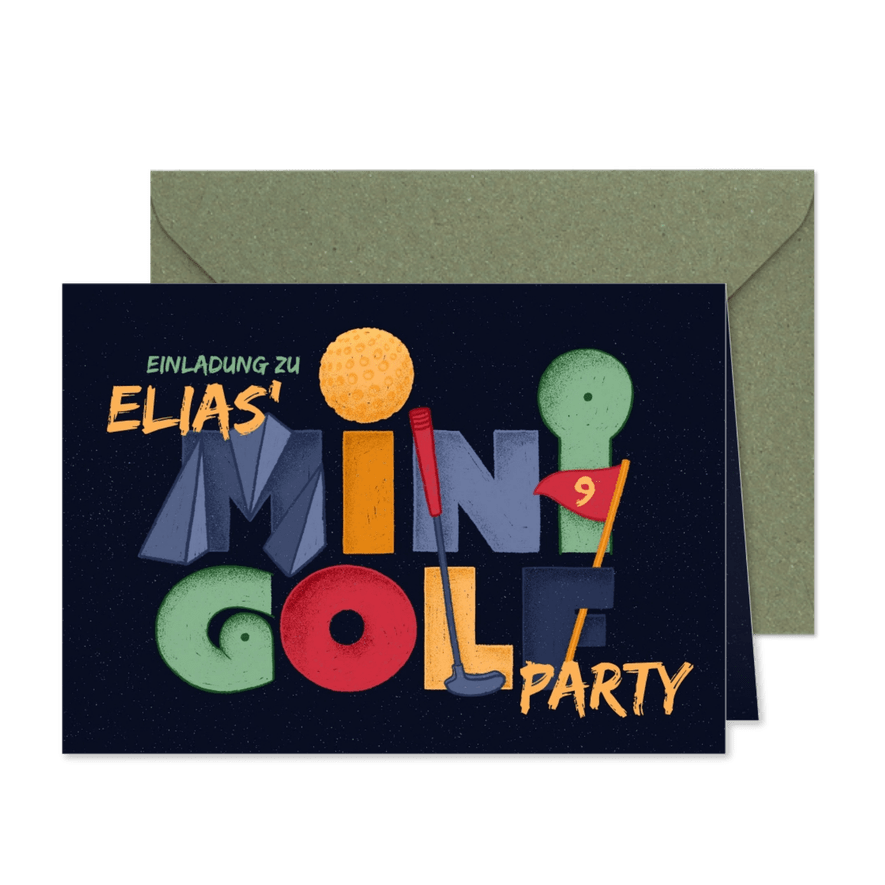 Einladung Minigolf-Party - Funky Lettering 9 Jahre - Karteneindruck
