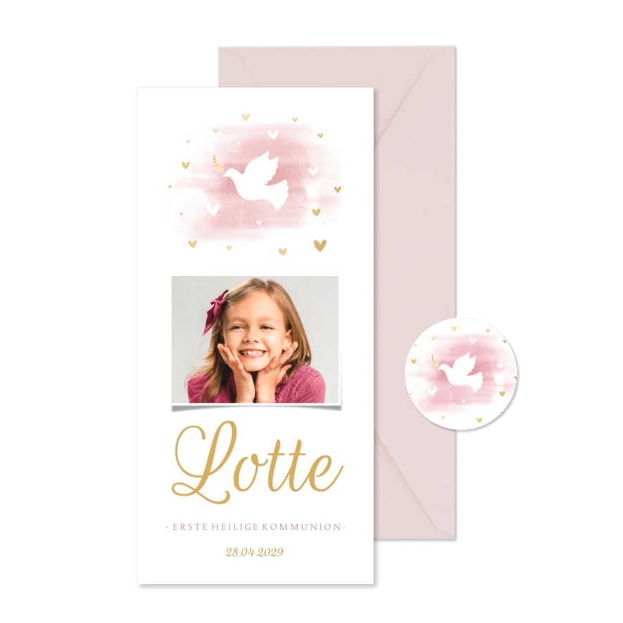 Einladung mit Foto zur Kommunion Wasserfarbe rosa Taube - Karteneindruck
