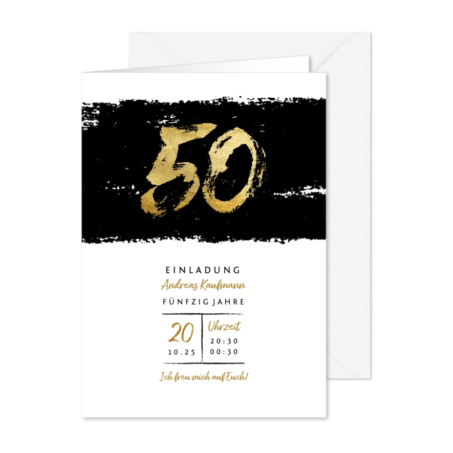 Einladung mit goldener 50 auf Schwarz - Karteneindruck
