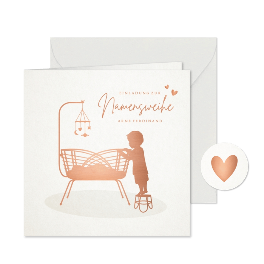 Einladung Namensweihe Babywiege mit Bruder - Karteneindruck
