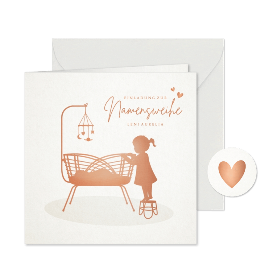 Einladung Namensweihe Babywiege mit Schwester - Karteneindruck