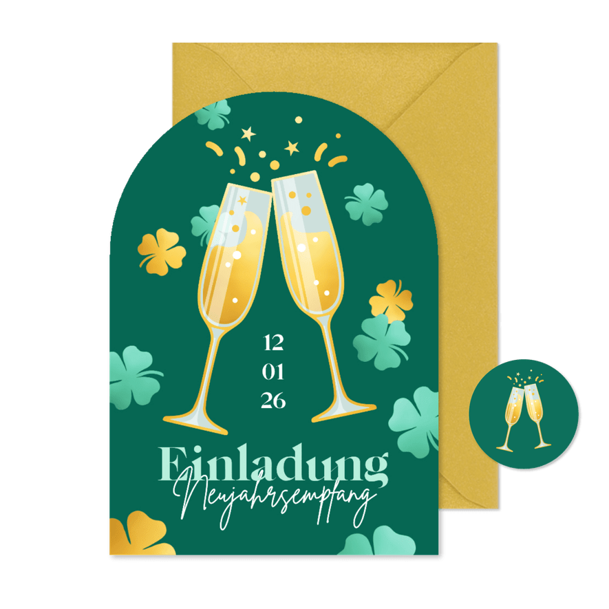 Einladung Neujahrsempfang Sektgläser und Glücksklee - Karteneindruck