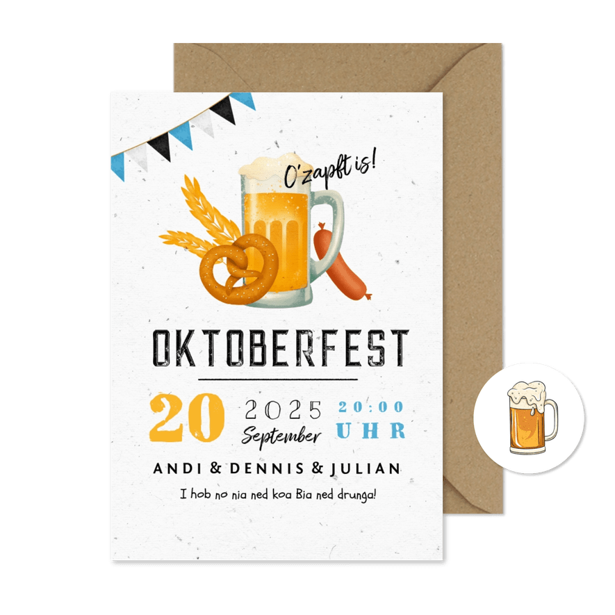 Einladung Oktoberfest Brezel, Bier & Wurst - Karteneindruck
