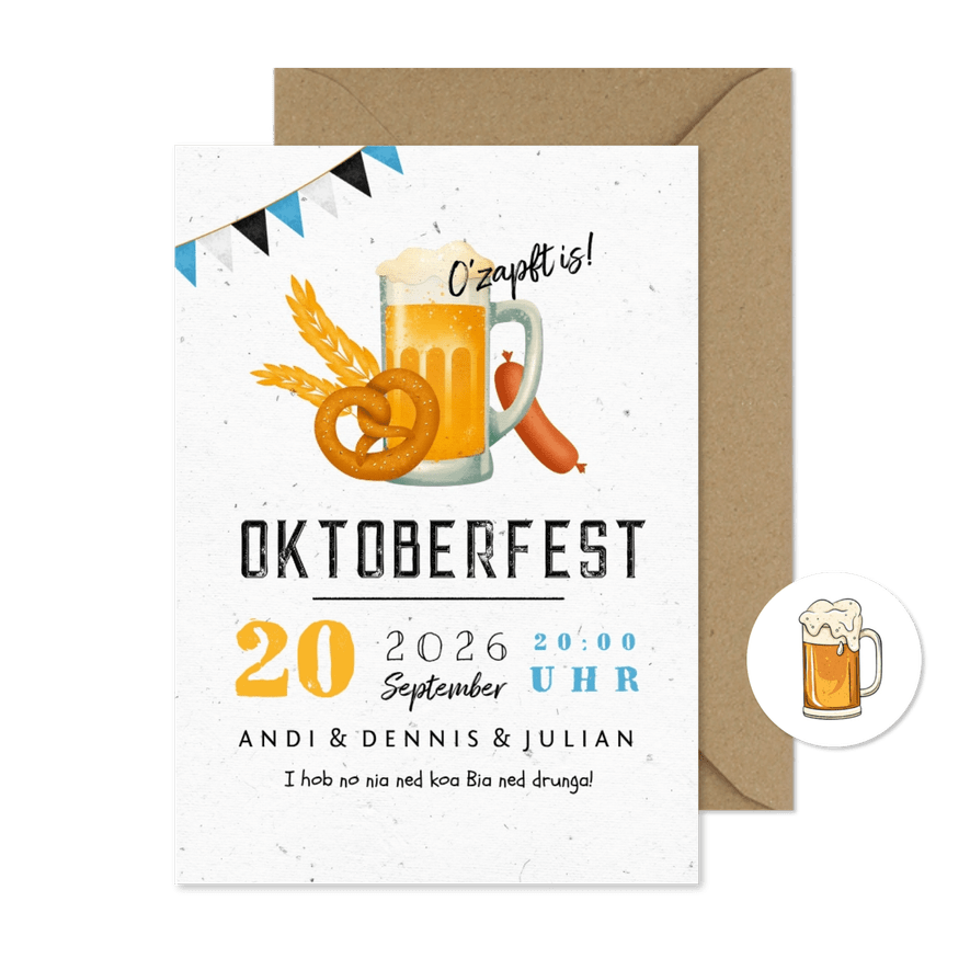 Einladung Oktoberfest Brezel, Bier & Wurst - Karteneindruck
