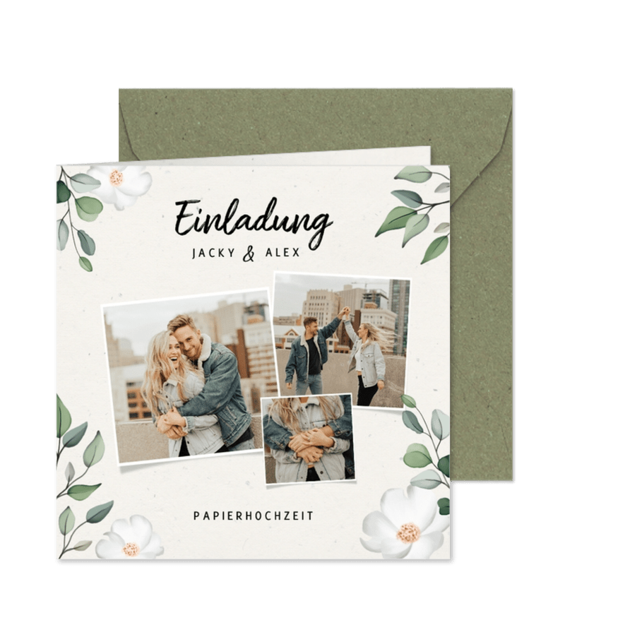 Einladung Papierhochzeit Fotocollage weiße Blüten - Karteneindruck