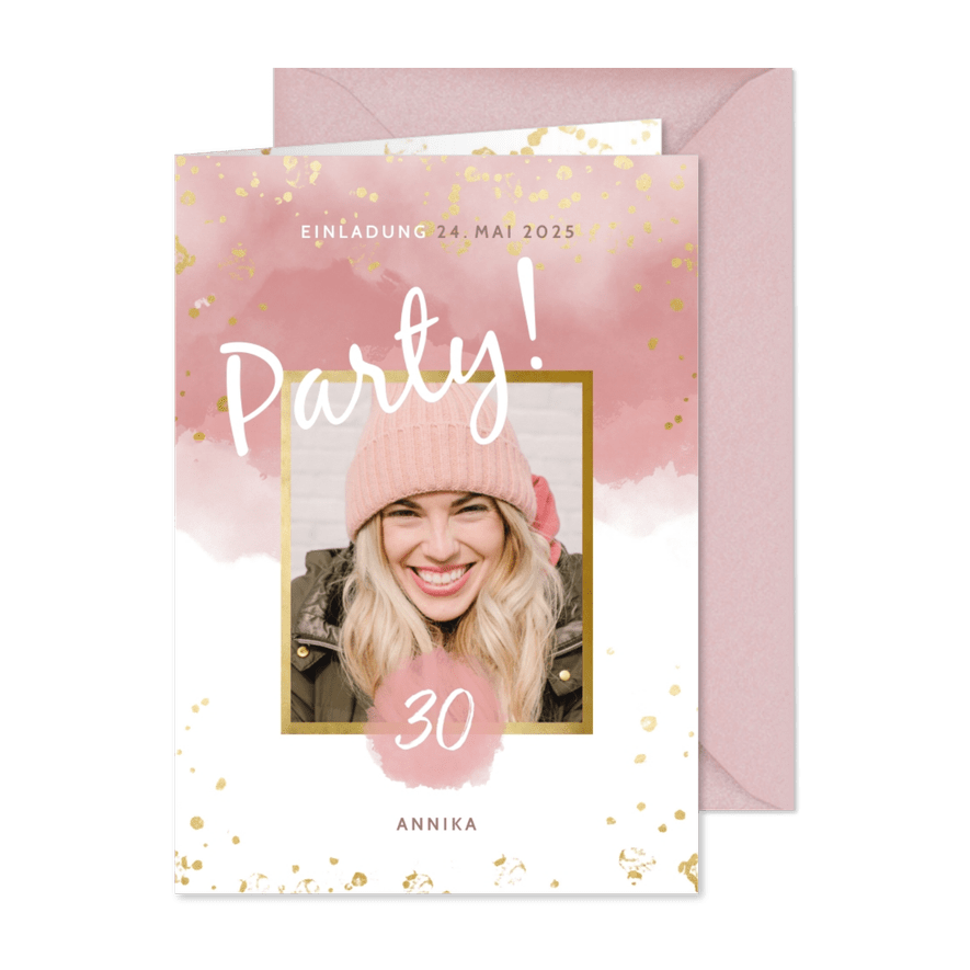 Einladung Party Foto Wasserfarbe & Tupfen - Karteneindruck
