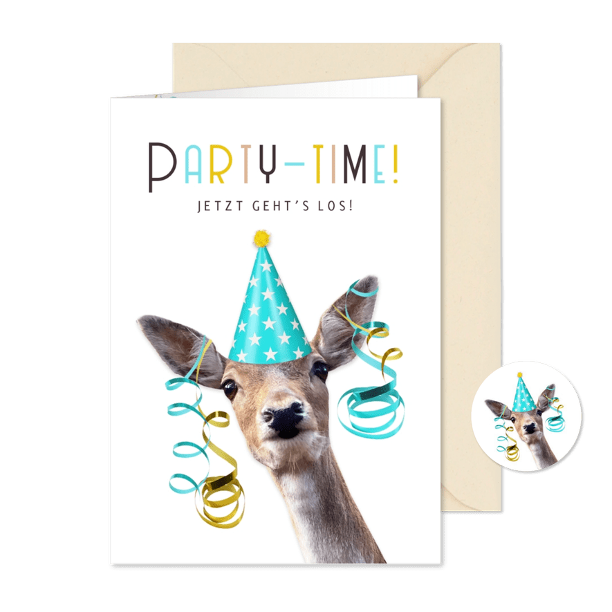 Einladung Partytime Reh mit Partyhut & Luftschlangen - Karteneindruck