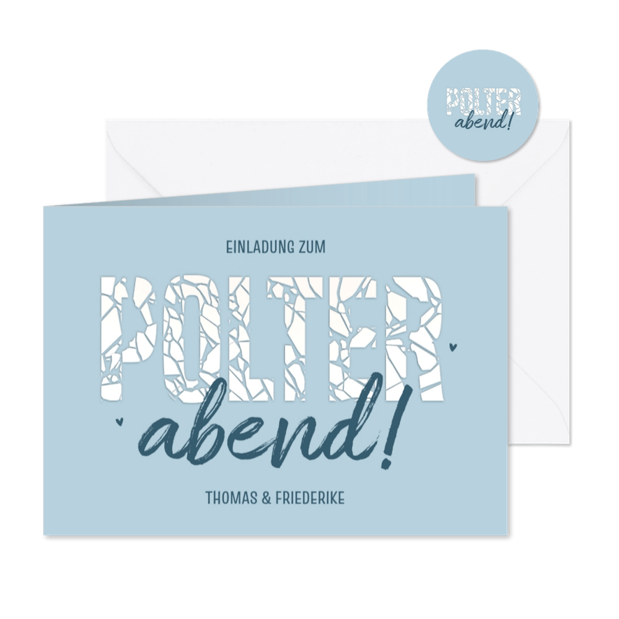 Einladung Polterabend Schrift aus Scherben - Karteneindruck