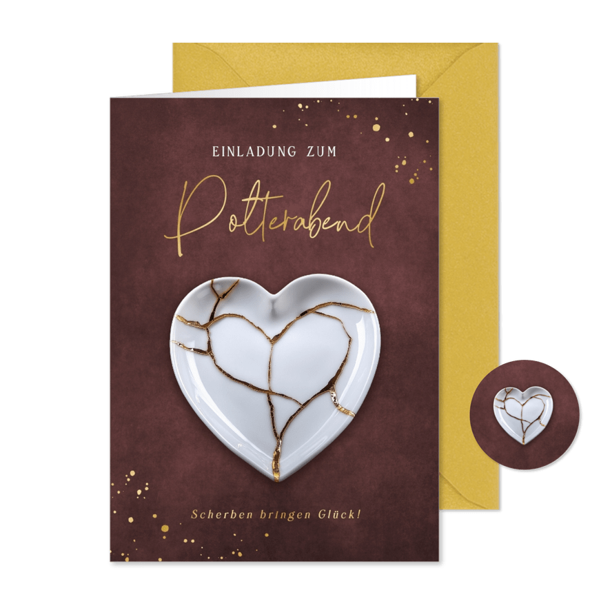 Einladung Polterabend Teller in Herzform Kintsugi - Karteneindruck