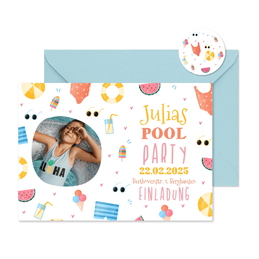 Einladung Pool Party rundes Foto 7. Geburtstag mit Mädchen - Karteneindruck
