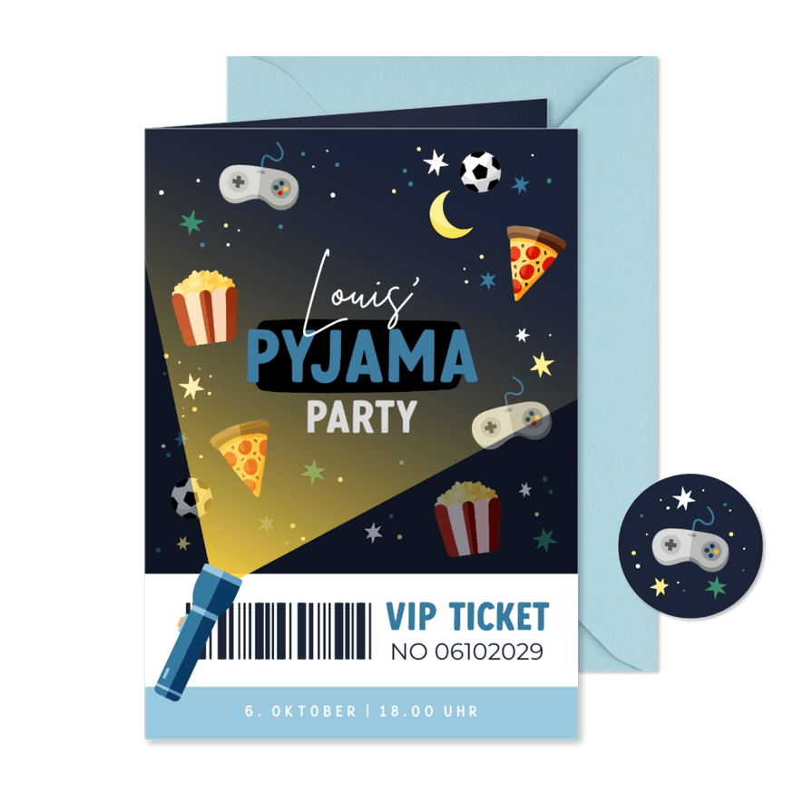 Einladung Pyjamaparty blaues VIP-Ticket Kindergeburtstag - Karteneindruck
