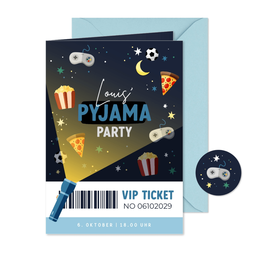 Einladung Pyjamaparty blaues VIP-Ticket Kindergeburtstag - Karteneindruck