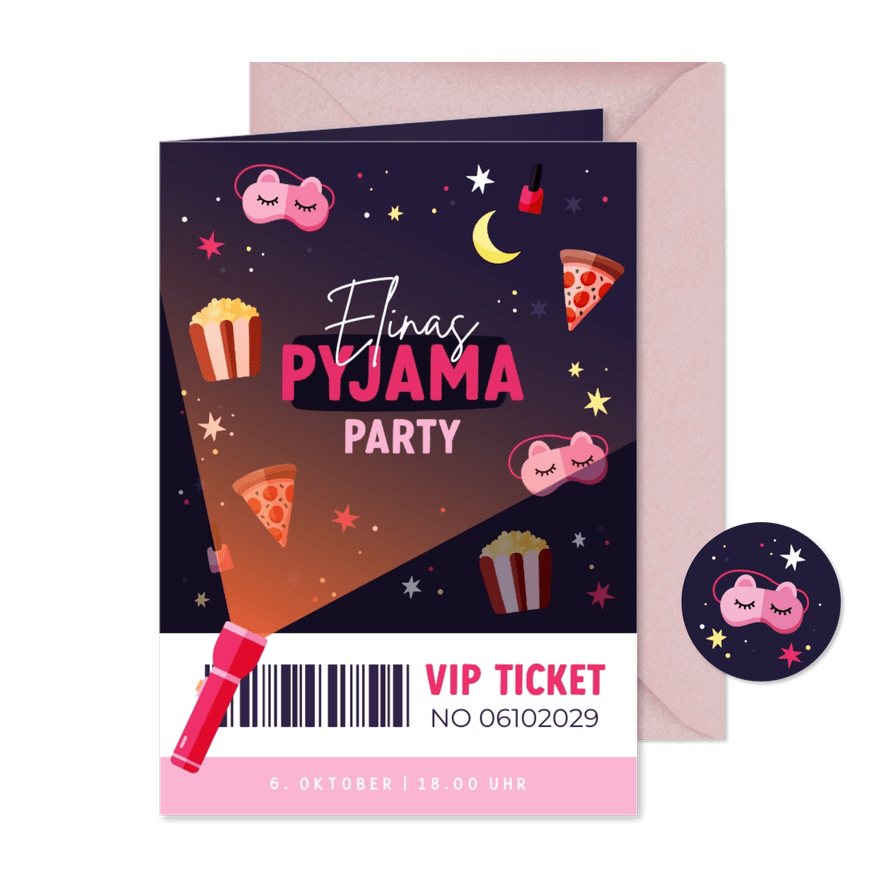 Einladung Pyjamaparty rosa VIP-Ticket Kindergeburtstag - Karteneindruck
