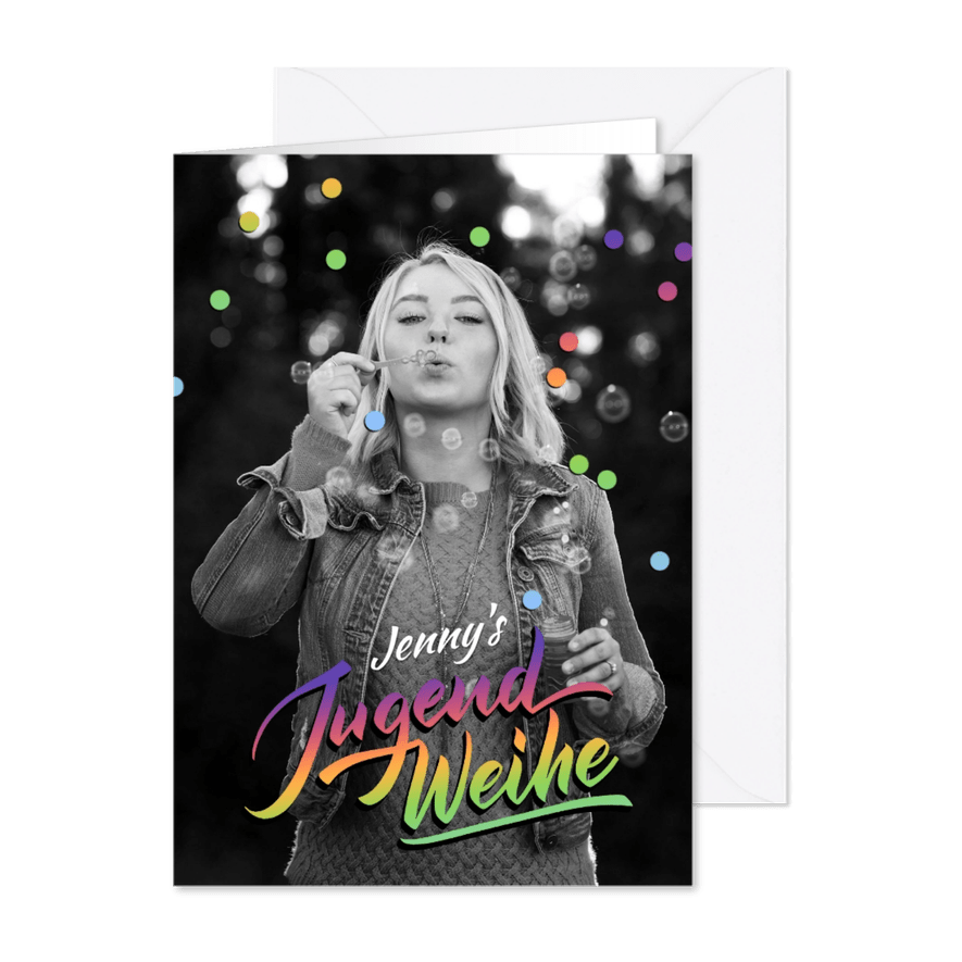 Einladung Regenbogen und Konfetti - Karteneindruck
