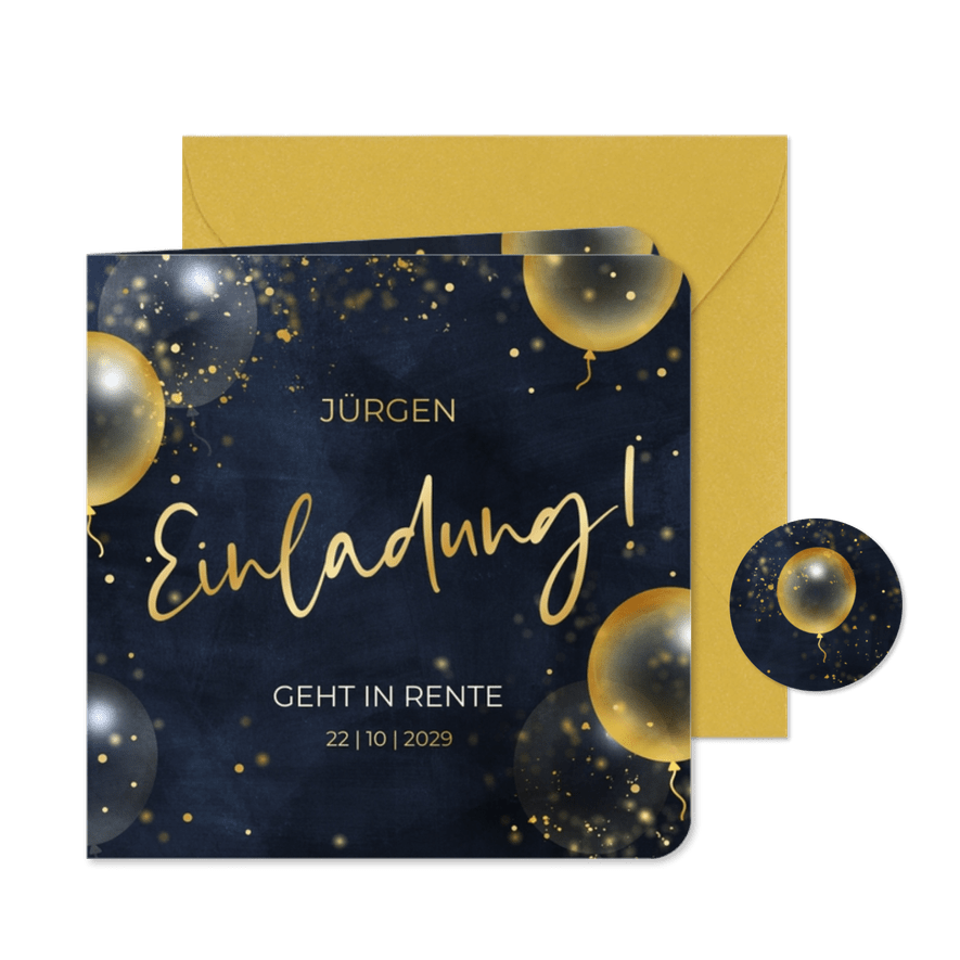 Einladung Rentenbeginn goldene Luftballons  - Kartenvorschau
