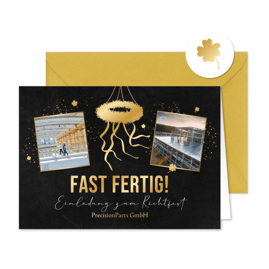 Einladung Richtfest Firmengebäude Fotos & Richtkranz in Gold - Karteneindruck