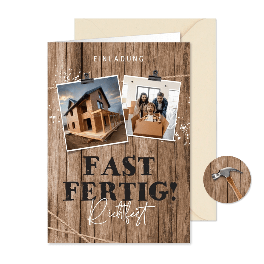 Einladung Richtfest Fotos auf Holzhintergrund - Karteneindruck
