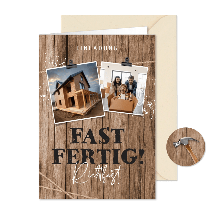 Einladung Richtfest Fotos auf Holzhintergrund - Karteneindruck