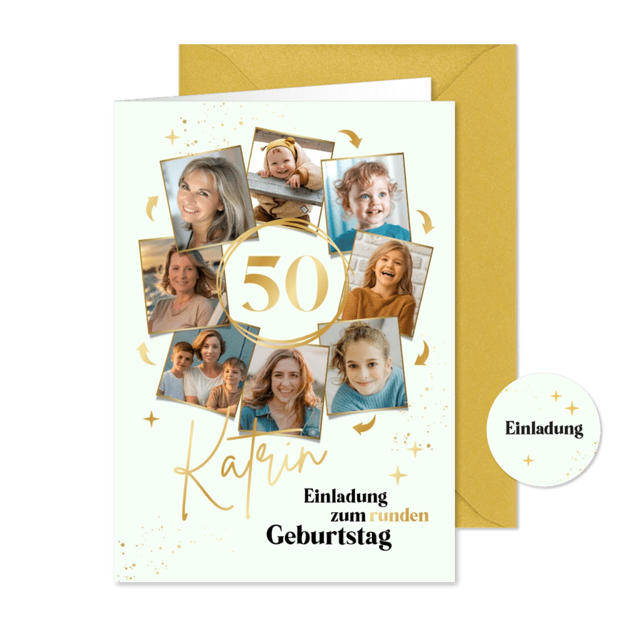 Einladung runder Geburtstag mintgrün Fotos in Kreisform - Karteneindruck
