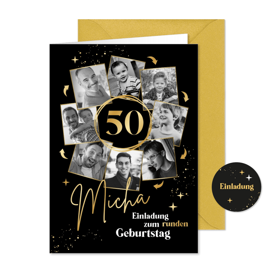 Einladung runder Geburtstag schwarz Fotos in Kreisform - Karteneindruck