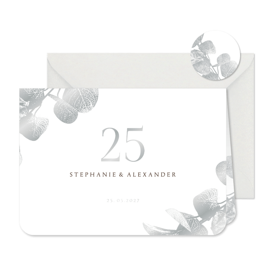 Einladung Silberhochzeit silberner Eukalyptus - Karteneindruck
