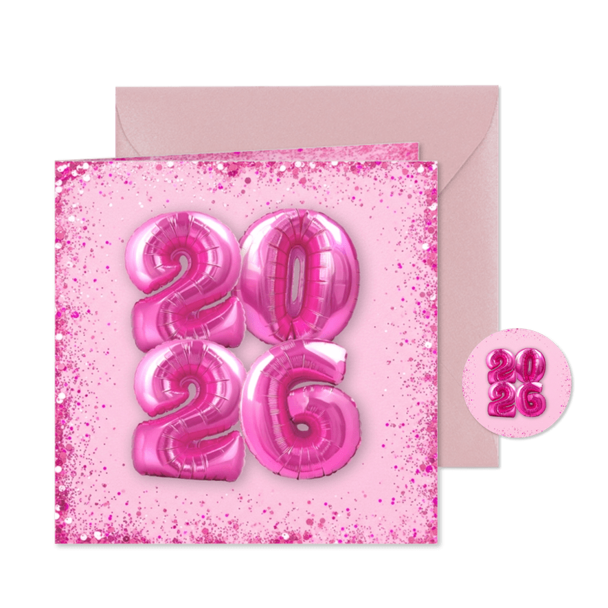 Einladung Silvesterparty 2026 Folienballons pink - Karteneindruck
