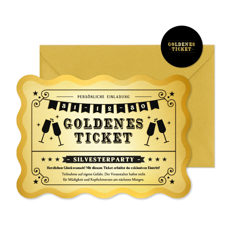 Einladung Silvesterparty Goldenes Ticket - Kartenvorschau