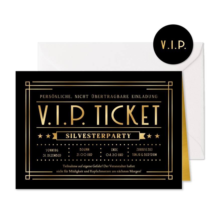 Einladung Silvesterparty V.I.P.-Ticket schwarz-gold - Karteneindruck
